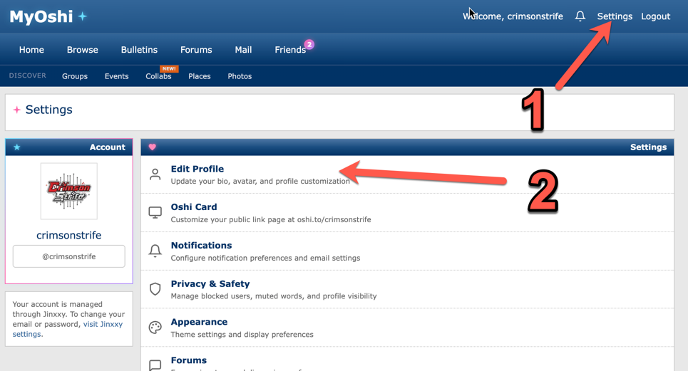 Edit Profile link in the Settings menu