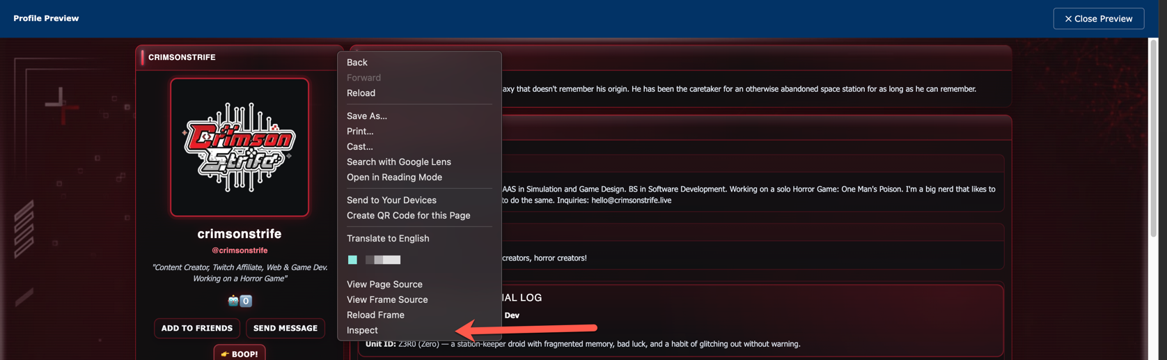 Inspect option in the preview iframe