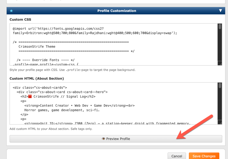 Preview button in the Profile Customization section