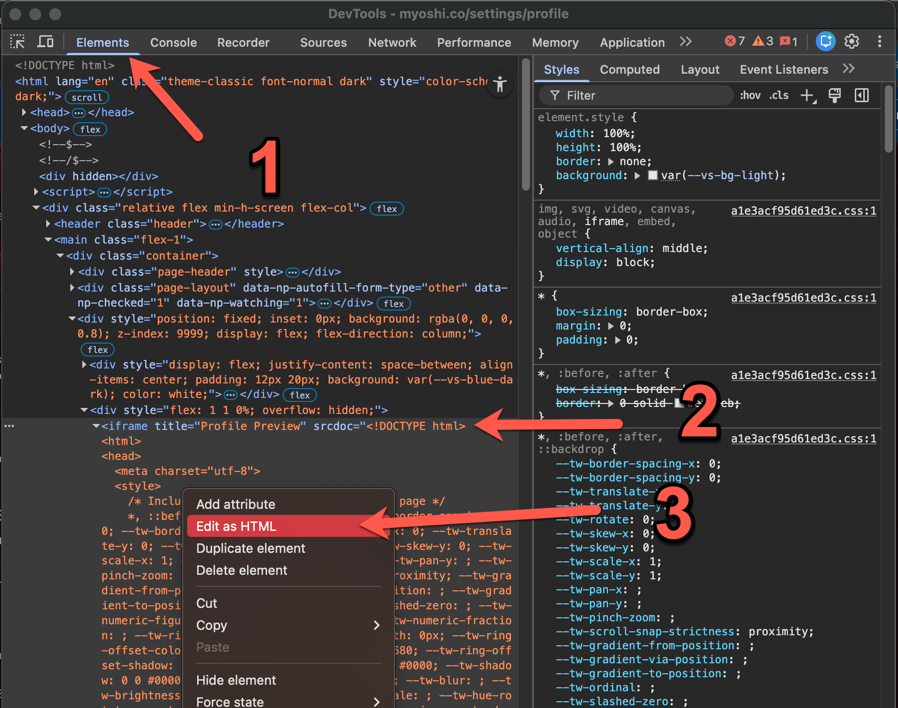 Preview iframe in the Elements tab